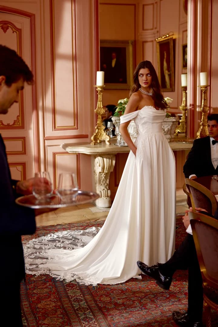 Julianna 88407 - Justin Alexander wedding dress by Justin Alexander - Crepe A-line gown with sweetheart neckline and cowl ...