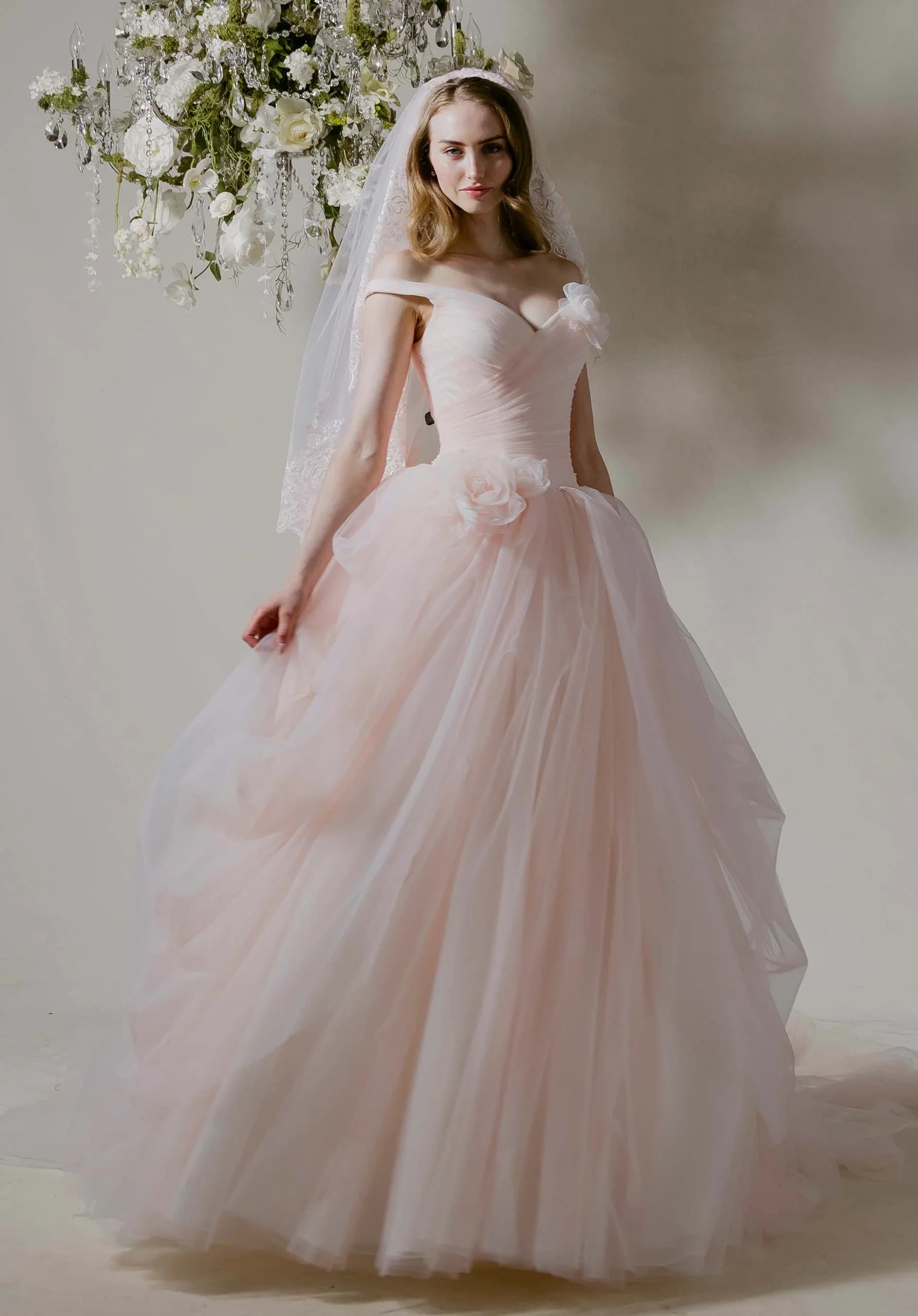 Morilee Lucienne blush wedding dress with off-the-shoulder neckline, floral details and full tulle ballgown skirt